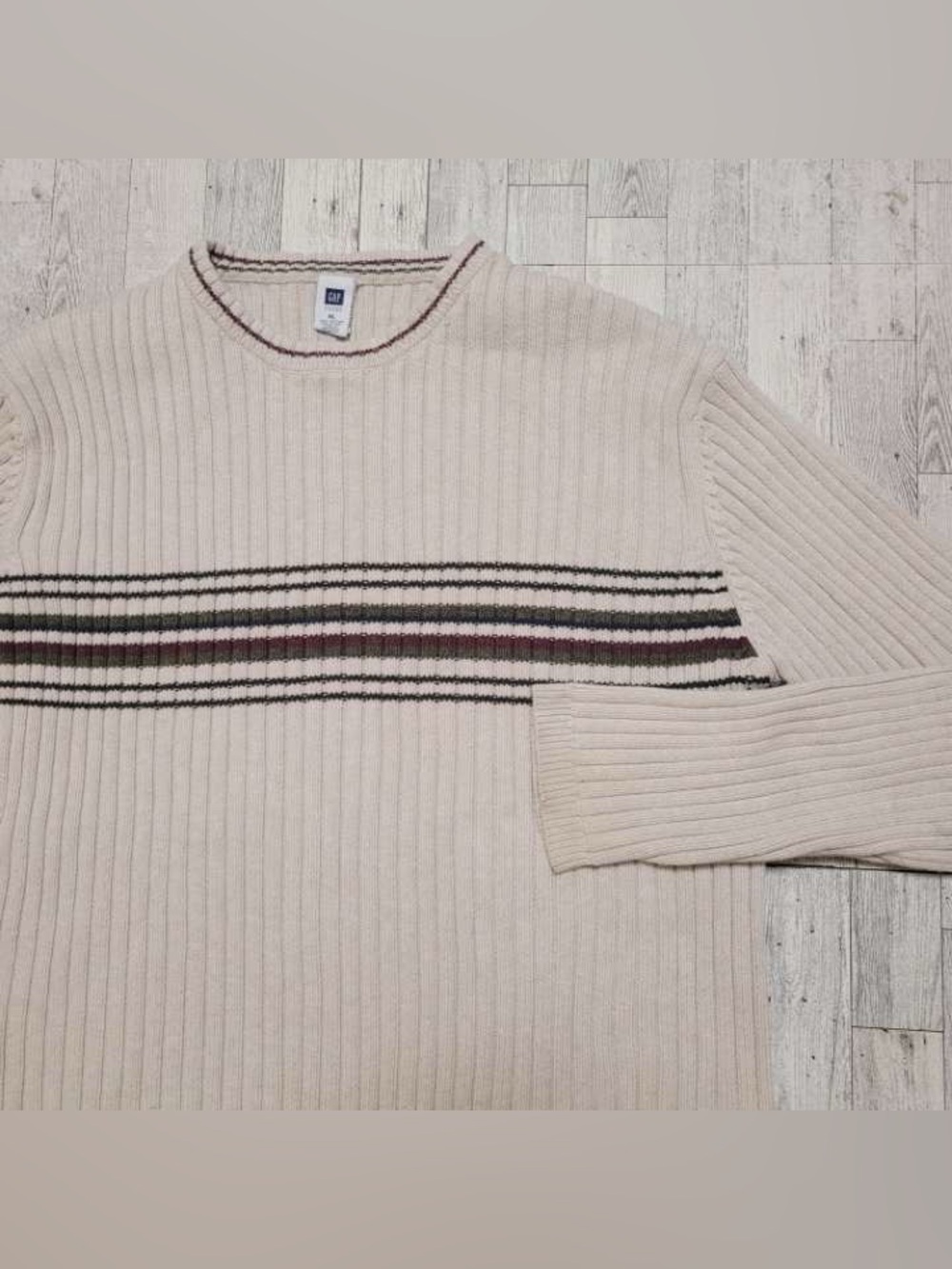 Men's GAP Y2K Striped Cream White Ribbed Grandpa Cable Knit Sweater Size XL
